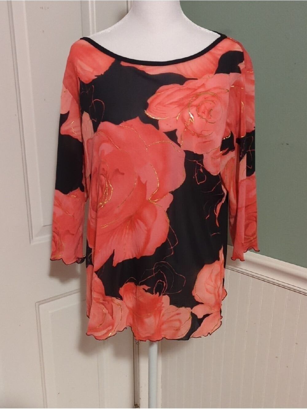 Fashion Bug Large See Desc Semi Sheer  Black Tunic Pink Floral Accents L Summer
